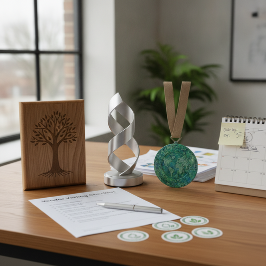 How do I find award vendors that combine eco-friendly practices with fast turnaround and customization?