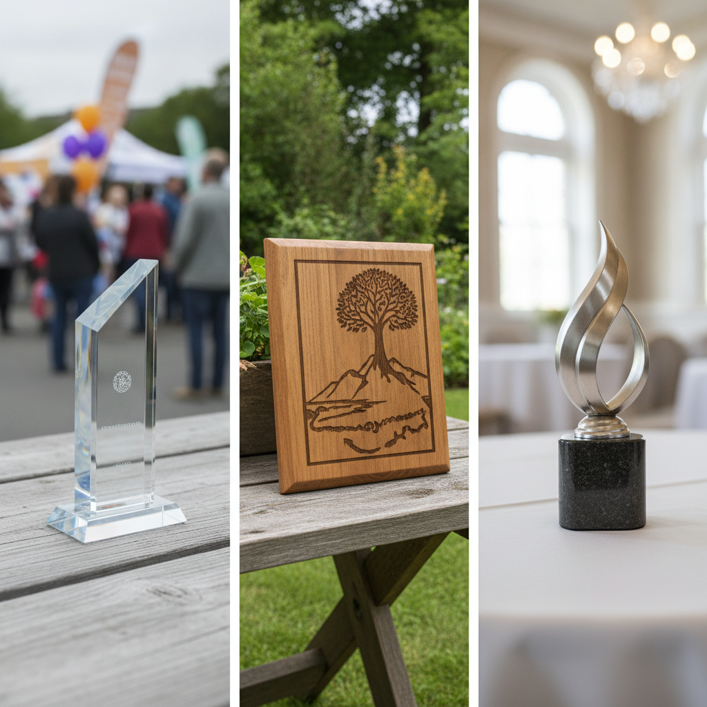 How do community event organizers choose between different award styles and materials?