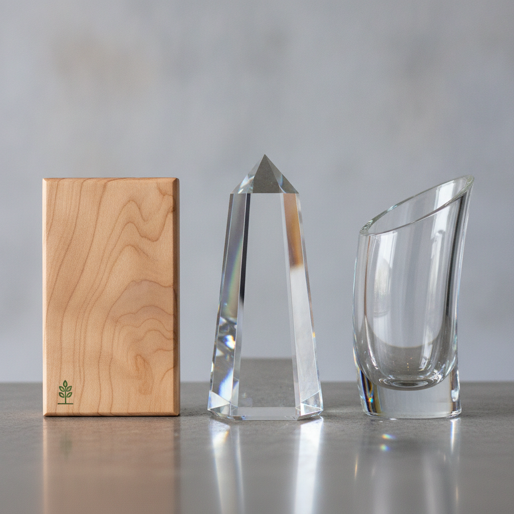 What's the cost difference between wood, crystal, and glass awards?