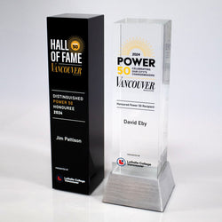 Modern black and clear crystal pillar recognition awards featuring custom full colour UV printing and personalized branding.
