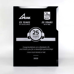 Premium custom wall plaques in glass and wood featuring personalized sandblast or laser engraving for corporate milestones. North American Handcrafted.