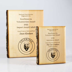 Live edge wood wall plaque with natural bark edge, and custom laser-engraving for corporate appreciation and employee recognition awards. Artisan Made.